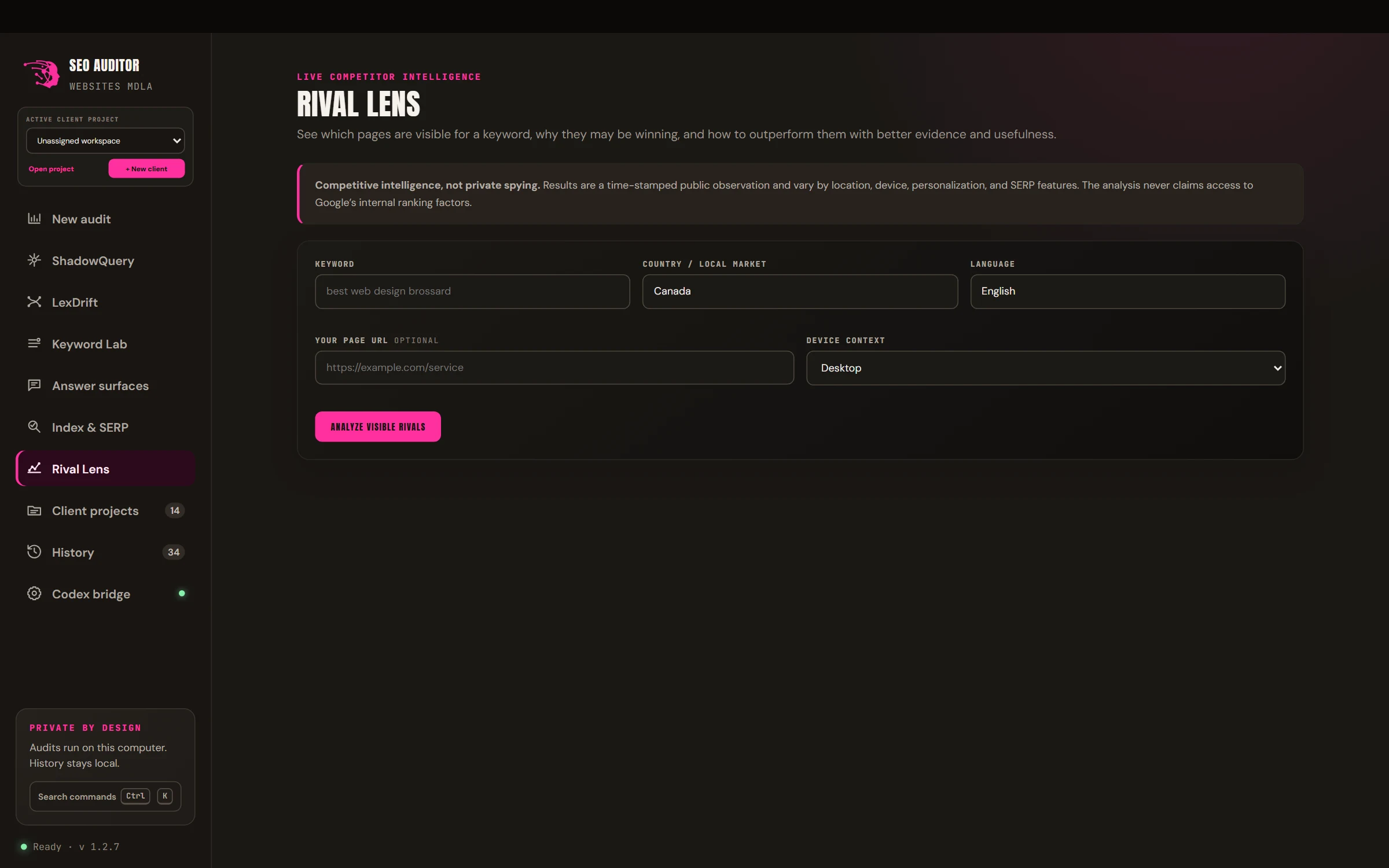 Rival Lens : analyse en direct des concurrents visibles pour un mot-clé, avec forces et faiblesses observées.