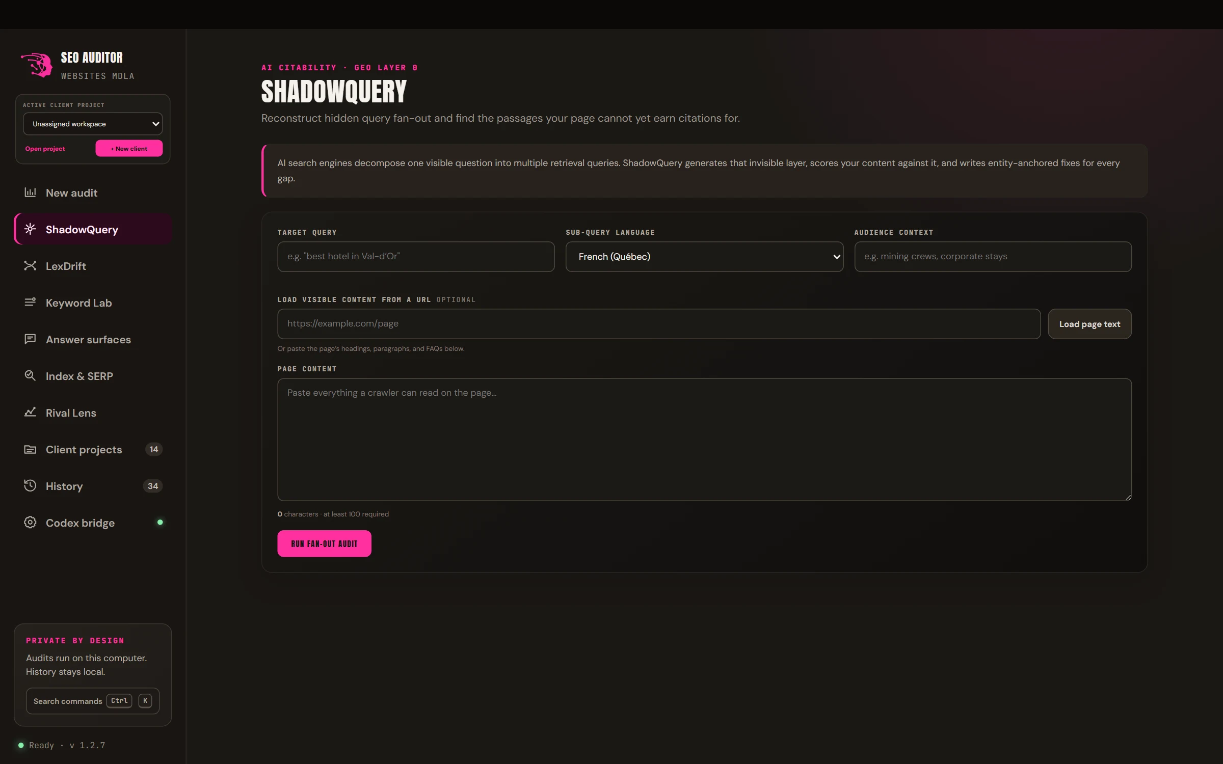 ShadowQuery : simulation des sous-questions cachées d'une recherche par IA et score de citabilité.