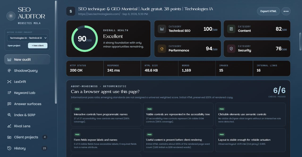 Nouvelle interface SEO Auditor : audit réel de seo.technologiesia.com du 9 septembre 2026, score diagnostique de 90 sur 100.