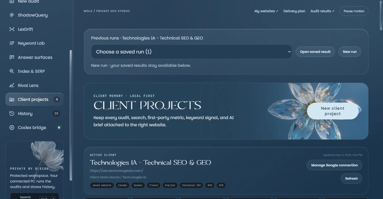 Client projects : tableau de bord par client regroupant audits, recherches et données Search Console.