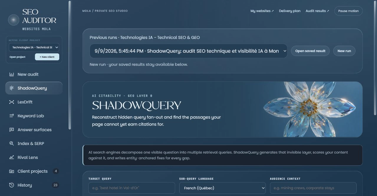 ShadowQuery : simulation des sous-questions cachées d'une recherche par IA et score de citabilité.